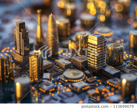 Macro effect city and gold coin city fintech industry concept 113699079