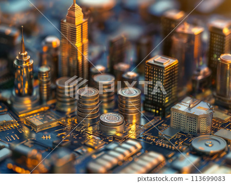 Macro effect city and gold coin city fintech industry concept 113699083