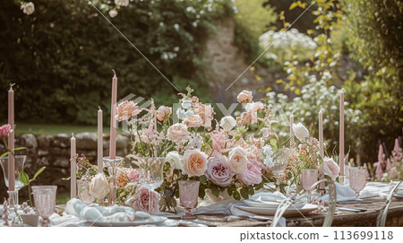 Table setting with rose flowers and candles for an event party or wedding reception in summer garden. Table setting with rose flowers and candles for an event party or wedding reception in summer garden. 113699118