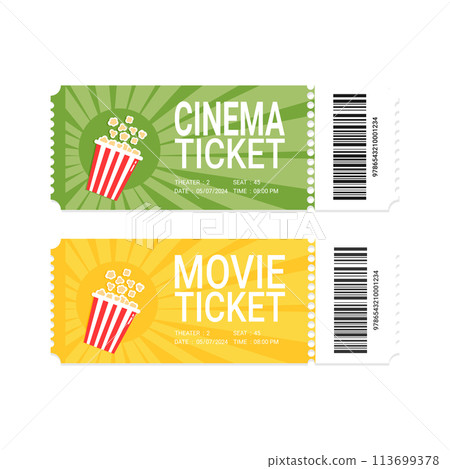 Modern movie or cinema ticket design with popcorn bucket. Realistic front view. Cinema ticket template. Vector illustration Modern movie or cinema ticket design with popcorn bucket. Realistic front view. Cinema ticket template. Vector illustration 113699378