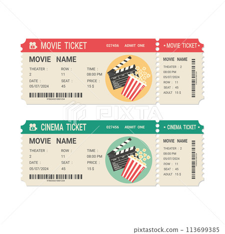 Movie or cinema ticket vintage design. Realistic front view. Retro ticket template. Vector illustration 113699385
