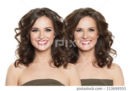 Mother daughter portrait. Generation, aging,plastic surgery and retouching before and after concept 113699503