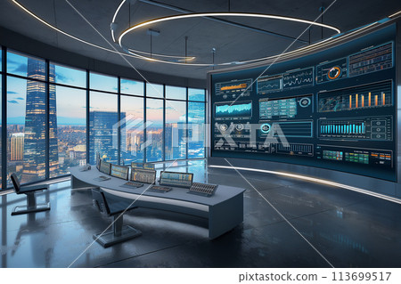 The large curved screen displays various data and charts and has large floor-to-ceiling windows. 113699517