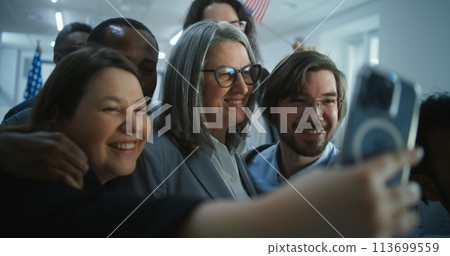 Multiethnic people talk and take selfies with female presidential candidate Multiethnic people talk and take selfies with female presidential candidate 113699559