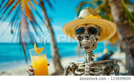 Funny skeleton in a straw hat on the beach under the palm trees. 113699600