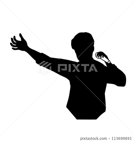 Silhouette illustration of a singer or man giving a speech holding a microphone and raising his arms to incite audience - black Silhouette illustration of a singer or man giving a speech holding a microphone and raising his arms to incite audience - black 113699891