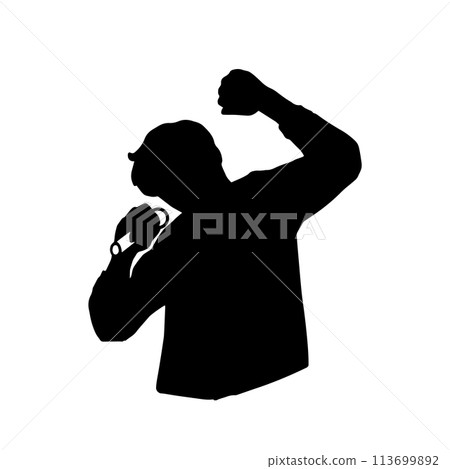 一個熱情的男人拿著麥克風熱情地唱歌的黑色剪影插圖 113699892