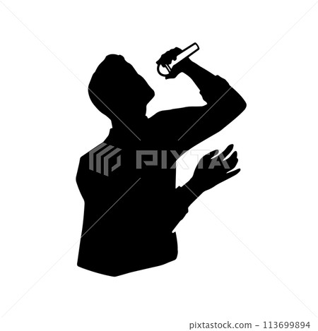 一個男人抬頭唱歌或發表聲明的剪影插圖，黑色 113699894