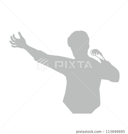 一位歌手拿著麥克風舉起手臂攪拌或一位男子發表演講的剪影，灰色 113699895