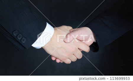 A man and a woman in business suits on a black background shake hands. Closeup. Agreement, deal, bargain or just greeting. 113699933
