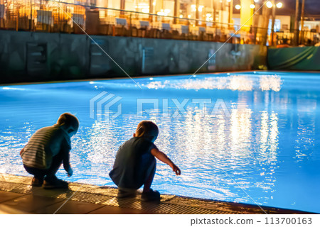 Two little boys playing and laughing near the illuminated swimming pool under the starry night sky Two little boys playing and laughing near the illuminated swimming pool under the starry night sky 113700163