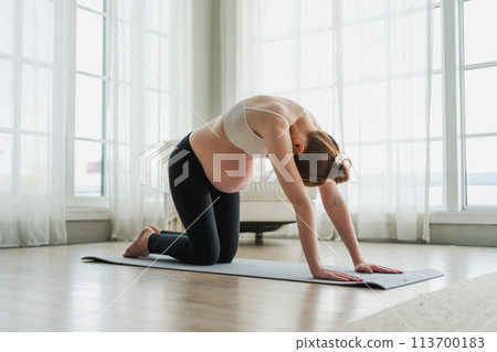 Pregnancy yoga fitness workout training. Pregnant woman practicing yoga at home. Pregnant girl doing sports exercise on yoga mat indoor. Woman with big belly have fitness training practicing asana 113700183