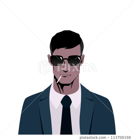 Secret agent, spy, security guard, policeman wearing sunglasses and businesssuit. Portrait of dark haired man smoking a cigarette, front view. Secret agent, spy, security guard, policeman wearing sunglasses and businesssuit. Portrait of dark haired man smoking a cigarette, front view. 113700198