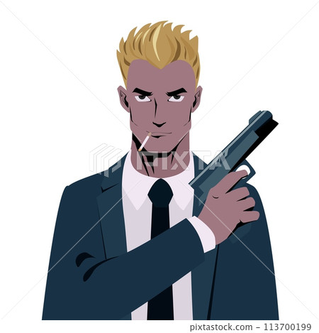 Secret agent, spy, security guard, policeman with a gun. Portrait of blonde man smoking a cigarette, front view. 113700199