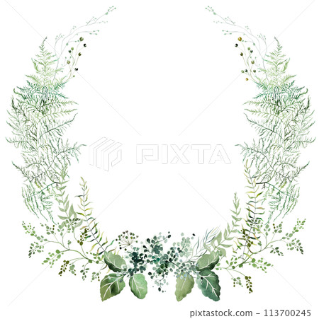 Round wreath with Watercolor fern twigs with green leaves isolated illustration, botanical wedding 113700245