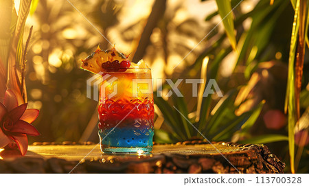 a vibrant cocktail steals the spotlight against a backdrop of clear, warm colors 113700328