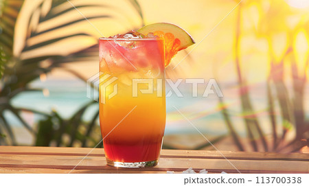 a vibrant cocktail steals the spotlight against a backdrop of clear, warm colors 113700338
