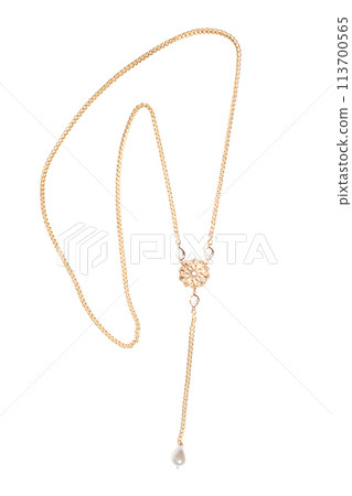 Gold chain long collier necklace isolated on white background Gold chain long collier necklace isolated on white background 113700565
