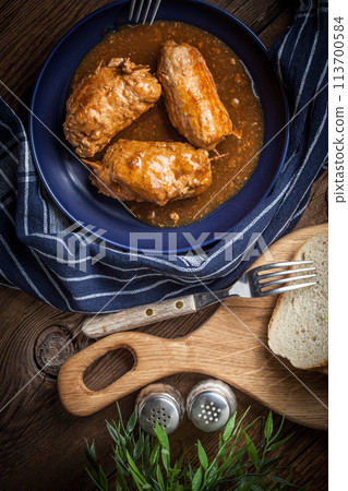 Tasty roulades beef on plate. 113700584