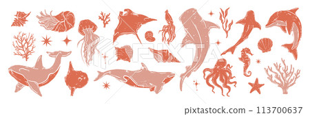 Ocean animal linocut set, vector whale grunge print, woodcut stamp, wild sea mammal silhouette.  113700637