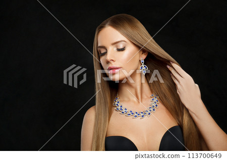 Healthy jewelry model beautiful woman portrait. Brunette woman with long smooth hair and necklace Healthy jewelry model beautiful woman portrait. Brunette woman with long smooth hair and necklace 113700649