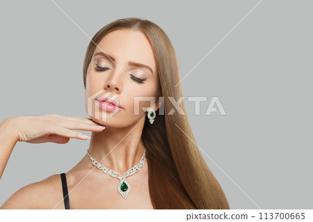 Cute jewelry model beautiful woman portrait. Brunette woman with long smooth hair, necklace 113700665