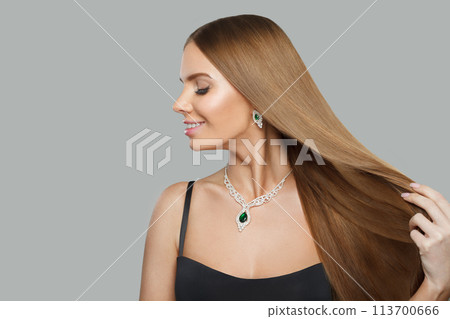Good-looking jewelry model beautiful woman portrait. Brunette woman profile Good-looking jewelry model beautiful woman portrait. Brunette woman profile 113700666