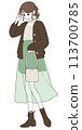 Illustration of a woman wearing a brown cardigan 113700785