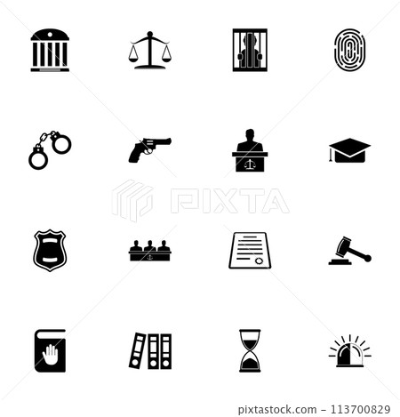 Law Justice icon - Expand to any size - Change to any colour. Perfect Flat Vector Contains such Icons as revolver gun, police siren, handcuffs, prisoner, jury, court, constitution, oath, judge gavel. 113700829