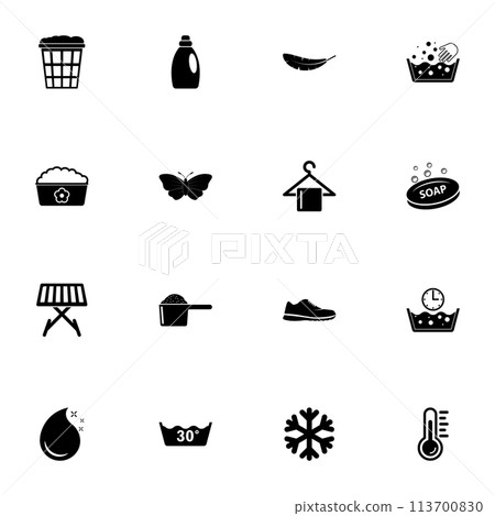 Washing icon - Expand to any size - Change to any colour. Perfect Flat Vector Contains such Icons as soap, bottle, butterfly, dryer, laundry basket, powder, foam, sneaker, water temperature, hanger. Washing icon - Expand to any size - Change to any colour. Perfect Flat Vector Contains such Icons as soap, bottle, butterfly, dryer, laundry basket, powder, foam, sneaker, water temperature, hanger. 113700830