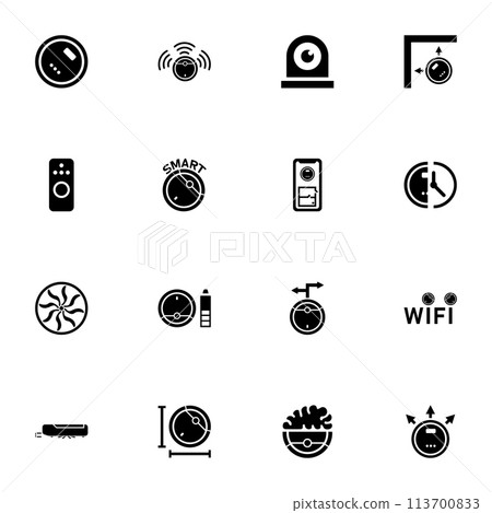 Robot Vacuum Cleaners icon - Expand to any size - Change to any colour. Perfect Flat Vector Contains such Icons as brain, carpet, housekeeping, housework, hygiene, innovation, home, house, household. 113700833