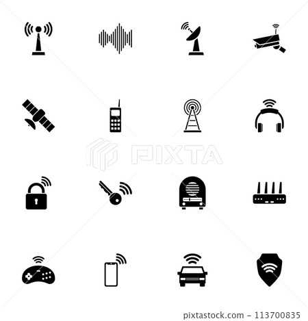 Radio icon - Expand to any size - Change to any colour. Perfect Flat Vector Contains such Icons as antenna, frequency, tower, card, microwave, audio, broadcasting, joystick, key, network, phone, wave. 113700835