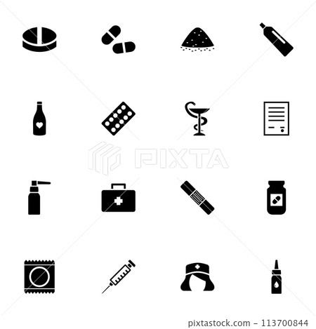 Pharmacy icon - Expand to any size - Change to any colour. Perfect Flat Vector Contains such Icons as vitamin, powder, refill, doctor, substance, syringe, painkiller, spray, nurse, steroids, dose. 113700844