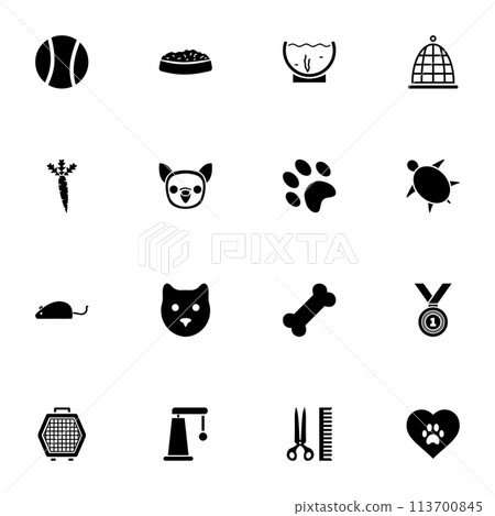Pet icon - Expand to any size - Change to any colour. Perfect Flat Vector Contains such Icons as dog, food, animal, mouse, cage, aquarium, cat, birdcage, footprint, paw, toy, turtle, bone, carrot. Pet icon - Expand to any size - Change to any colour. Perfect Flat Vector Contains such Icons as dog, food, animal, mouse, cage, aquarium, cat, birdcage, footprint, paw, toy, turtle, bone, carrot. 113700845