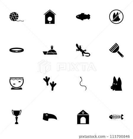 Pets icon - Expand to any size - Change to any colour. Perfect Flat Vector Contains such Icons as dog, ball, snake, cage, aquarium, lizard, house, bird, paw, collar, fish, birdhouse, doghouse, cup. 113700846