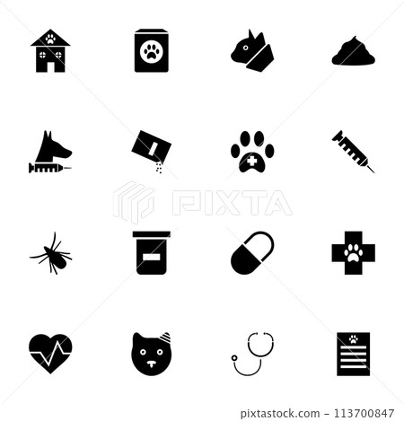Pet Vet icon - Expand to any size - Change to any colour. Perfect Flat Vector Contains such Icons as veterinary, dog, animal, cat, paw, heart, food, bandage, pill, puppy, stethoscope, syringe, pill. 113700847