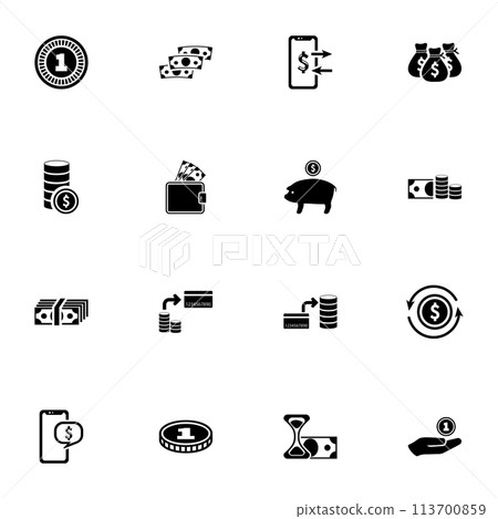 Currency icon - Expand to any size - Change to any colour. Perfect Flat Vector Contains such Icons as piggy bank, wallet with banknotes, money savings, transfer currency, exchange, cash, one coin. 113700859