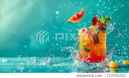 a vibrant, tropical-colored cocktail exploding with freshness a vibrant, tropical-colored cocktail exploding with freshness 113701055