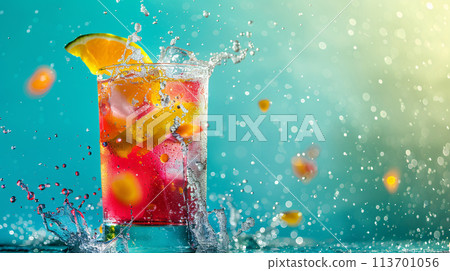a vibrant, tropical-colored cocktail exploding with freshness 113701056