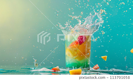 a vibrant, tropical-colored cocktail exploding with freshness 113701058