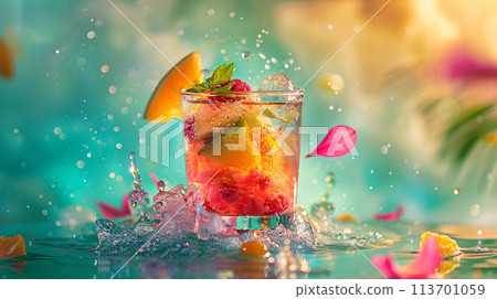 a vibrant, tropical-colored cocktail exploding with freshness 113701059