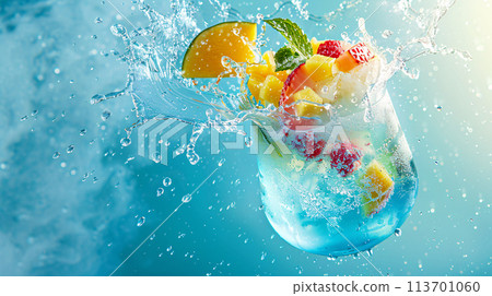 a vibrant, tropical-colored cocktail exploding with freshness a vibrant, tropical-colored cocktail exploding with freshness 113701060