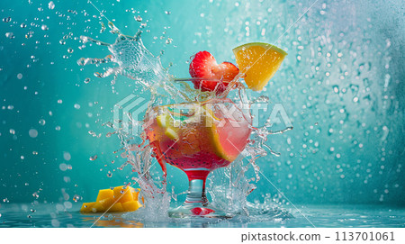a vibrant, tropical-colored cocktail exploding with freshness 113701061