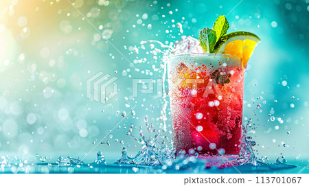 a vibrant, tropical-colored cocktail exploding with freshness 113701067