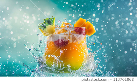 a vibrant, tropical-colored cocktail exploding with freshness 113701068