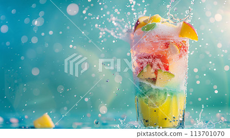 a vibrant, tropical-colored cocktail exploding with freshness 113701070