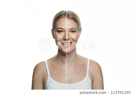 Two faces of pretty woman, young and senior. Aging, beauty, plastic surgery and retouching before Two faces of pretty woman, young and senior. Aging, beauty, plastic surgery and retouching before 113701295
