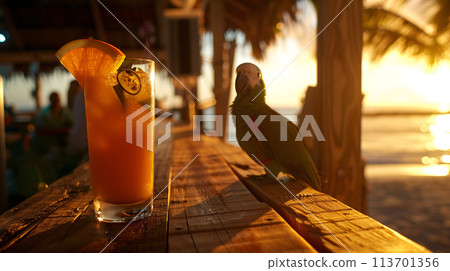 golden hour beach bar with a tropical cocktail and a mischievous Macaw parrot 113701356