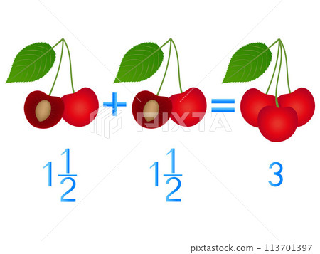Mathematical games for children. Study the fractions numbers, example with of a cherries. Mathematical games for children. Study the fractions numbers, example with of a cherries. 113701397