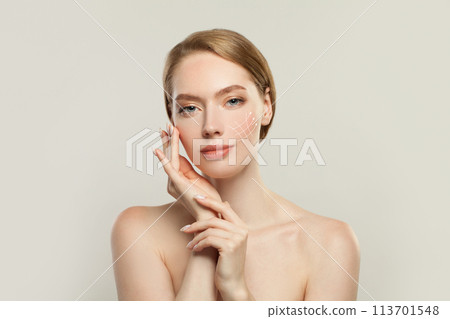 Healthy fashion model face close up. Medicine, facial treatment, massage and plastic surgery concept Healthy fashion model face close up. Medicine, facial treatment, massage and plastic surgery concept 113701548